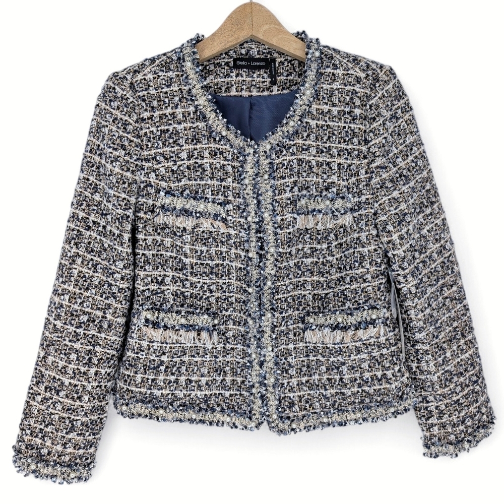 Stella + Lorenzo Tweed Jacket Blazer Navy Blue Small